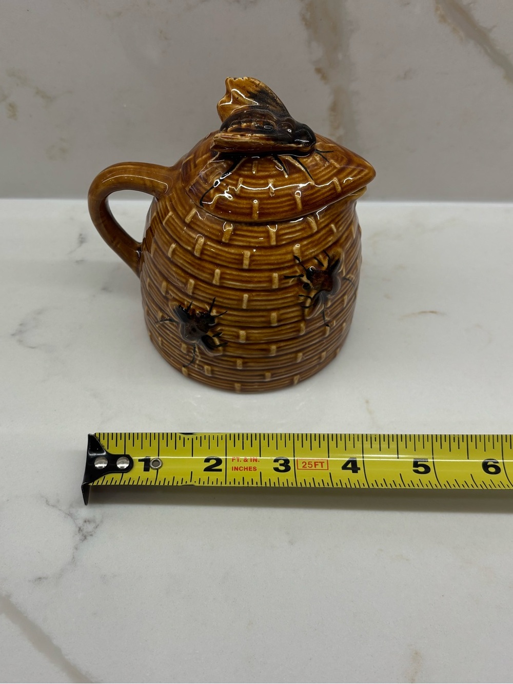 Vintage Brown Glazed Ceramic Honey Pot Bee Hive Jar Pot Raised Bees Cork and Lid - Picture 7 of 8